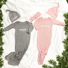 Load image into Gallery viewer, Personalized Knotted Gown with Hat | Custom Name | Bamboo Newborn Outfit | Baby Shower Gift