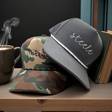 Load image into Gallery viewer, Embroidered Name Snapback Hat | Laser Perforated | Personalized Infant Baby Toddler Kids Adult Youth | Line Stitched | Custom Twill Rope Cap

